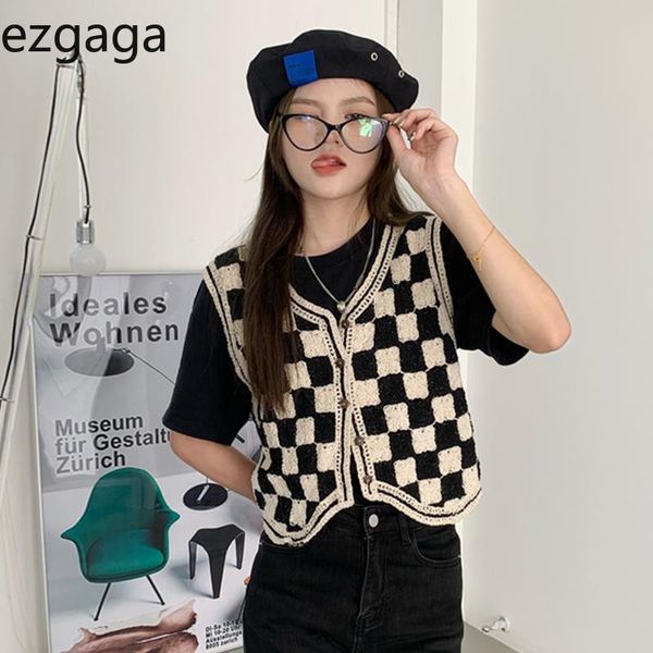 

vests ezgaga vintage plaid knitted vest women autumn 2021 new cropped sweater outwear allmatch fashion sleeveless cardigan korean, Black;white