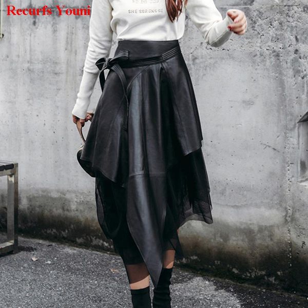

dresses winter south korean style lady genuine leather 85cm long maxi skirt with belt woman novelty irregular tulle voile jupe tutu saia, White;black