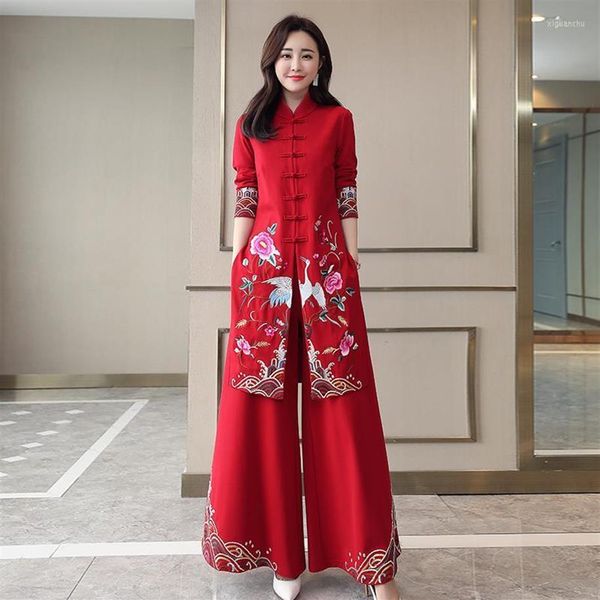 

ethnic clothing chinese styles vintage women hanfu midi qipao two pieces china traditional pants set tang suit robe orientale clot319h, Red