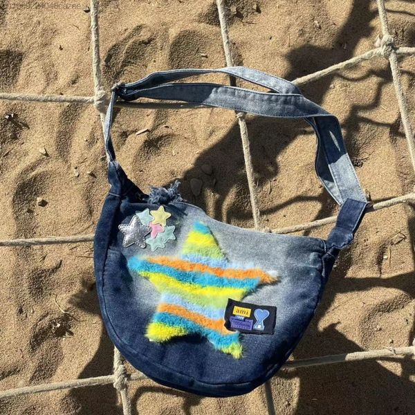

evening bags y2k rainbow star plush denim bag contrast vintage shoulder bag korean veratile crossbody bag luxury designer bags zip up handba