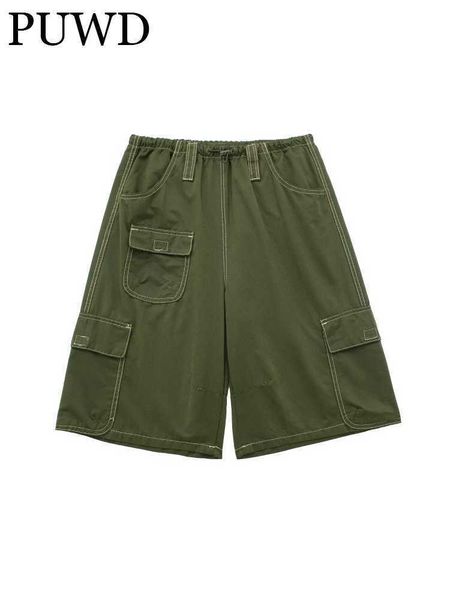 

women's shorts puwd women fashion green causal 2023 summer vintage high elastic waist pockets solid color female bottoms mujer 230422, White;black