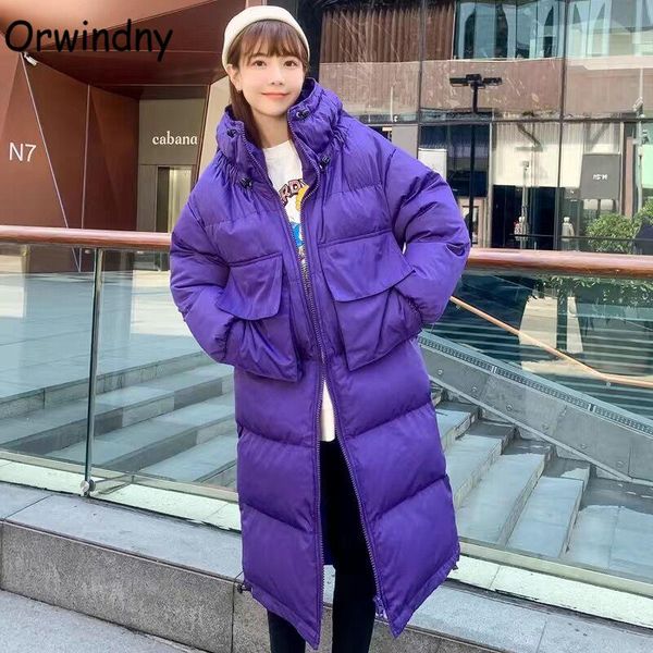 

leather orwindny long winter coat women fashion big pockets parkas hooded padded clothing outwear oversized winter jackets, Black