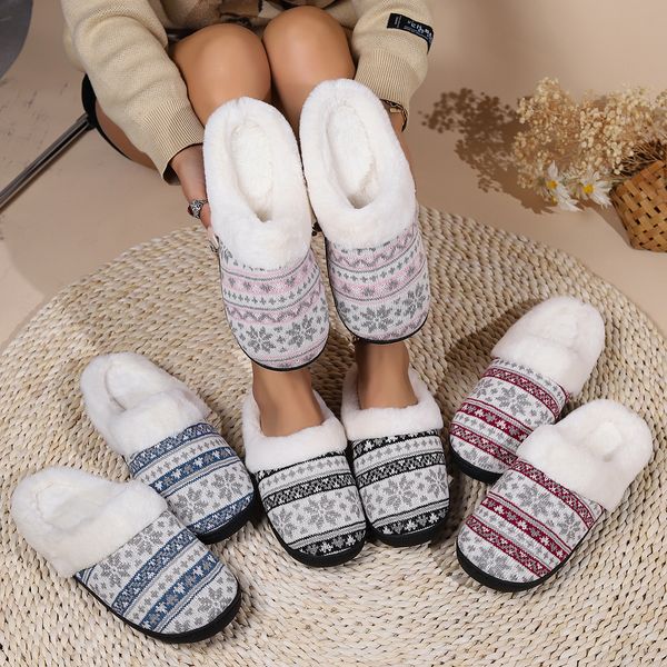 

New christmas series knitted warm non-slip plush slippers comfortable home outdoor leisure plush slippers for men and women 2023, Blue