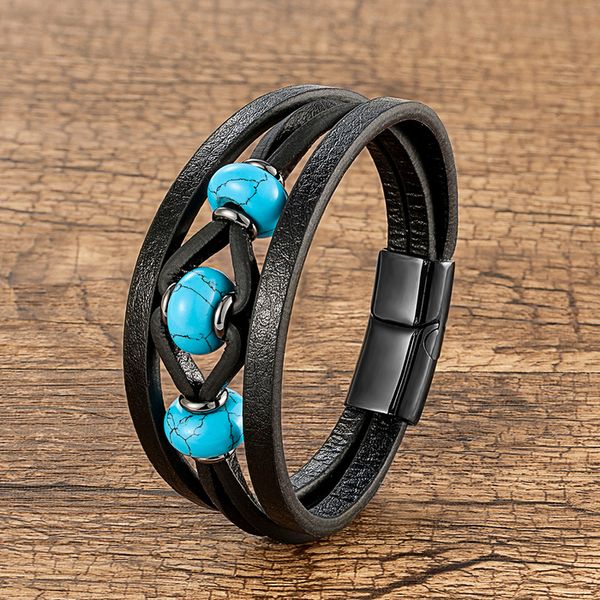 

beaded personality natural round stone crystal bracelet retro multilayer leather men's charm stainless steel magnetic jewelry 230422, Black