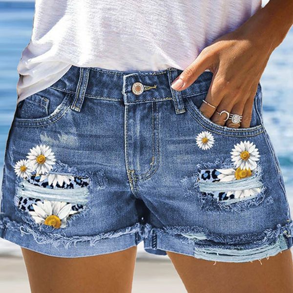 

women's jeans summer denim shorts fashion ripped printed loose casual street pants boyfriend's 230422, Blue