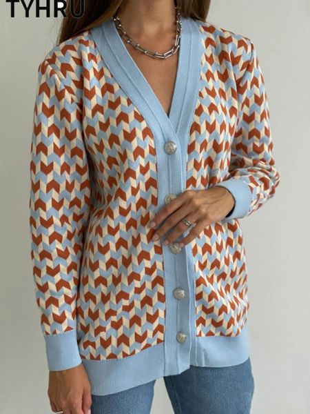 

sweaters tyhruautumn winter women's knitting sweater v neck color matching singlebreasted buttons loose casual knitted cardigan sweater, White;black