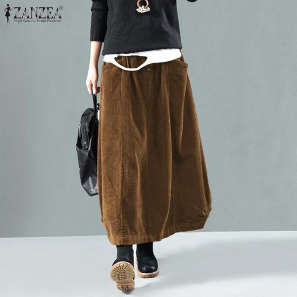 

dresses vintage corduroy skirts 2022 zanzea women autumn elastic waist long skirt jupe female solid casual vestidos loose faldas saia, Black;gray