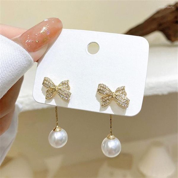 

dangle earrings korean fashion rhinestone metal bowknot pearl pendant 2023 trend bow pearls drop for women girls teens jewelry2338, Silver
