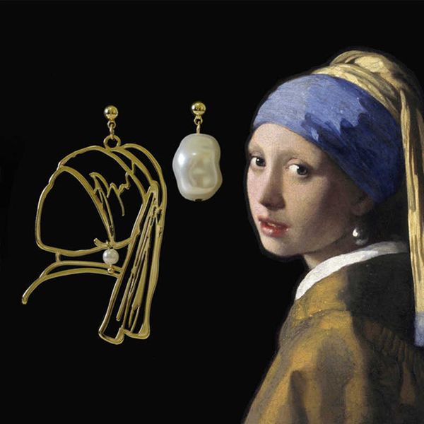 

charm xialuoke vermeer girl with pearl earring personality tassel portrait crystal pearl drop earrings for women fashion ear jewelry w0422, Golden