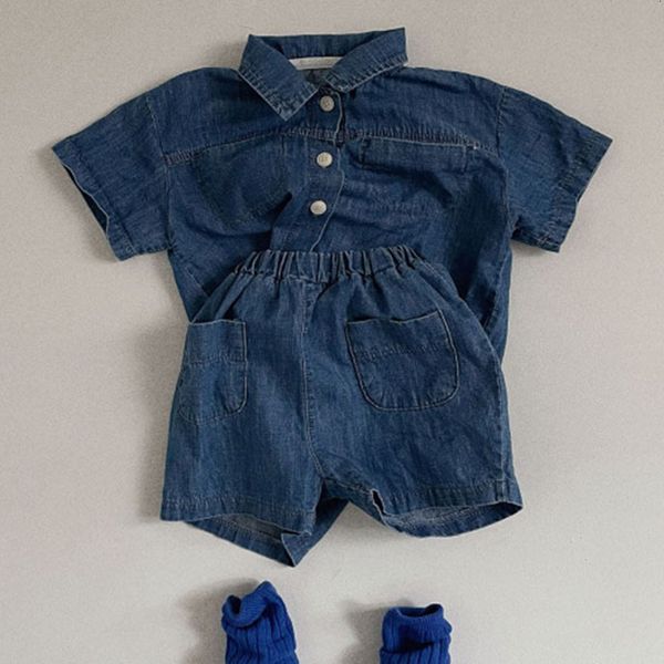 

clothing sets boys and girls short sleeved senim shirts cardigan children s suits summer baby girl shorts fashion two piece suit 230422, White