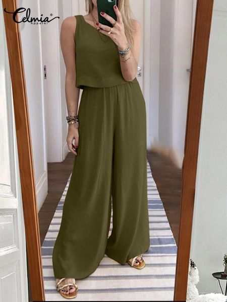 

pants celmia elegant office matching sets women solid short tanks and long wide leg pants suit summer elastic waist 2pcs loose outfits, White