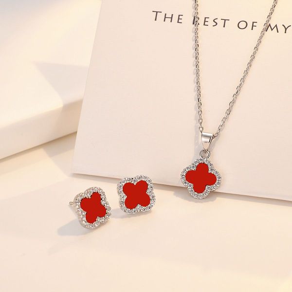 

2023 fashion new designer ear necklace gold ring luxury classic four-leaf clover necklace set earrings valentine's day gift no box, Silver