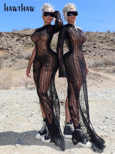 

dresses hawthaw women knitted see through bodycon black long dress streetwear 2022 summer clothes wholesale items for business, Black;gray