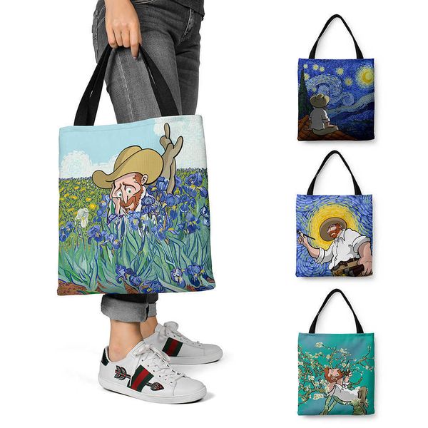 

shopping tote bags creative oil painting canvas shopping bag wholesale double-sided printed handbag casual artistic canvas bag shoulder bag