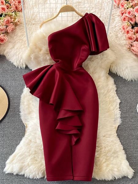

dresses off shoulder party dress women summer diagonal high waist irregular ruffle bodycon vestidos female casual red/pink robe new, Black;gray