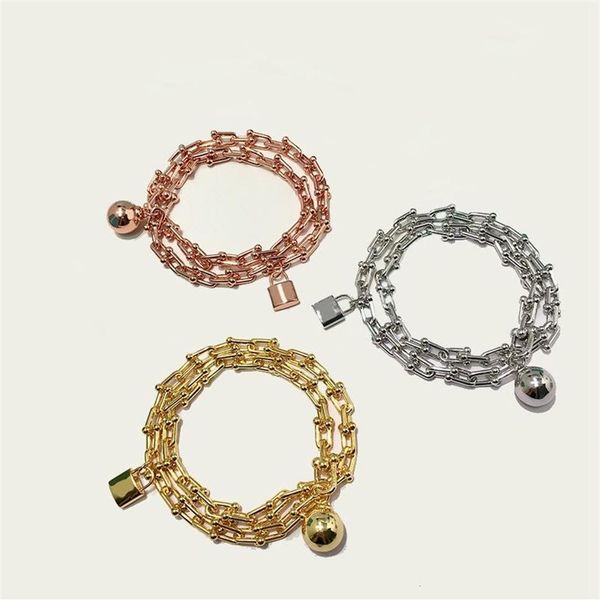 

double layers lock metal ball charm bracelet t letter hardwear titainum steel bamboo chain for male women punk jewelry bracelets300g, Golden;silver