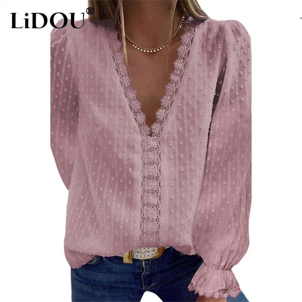 

t-shirt spring autumn solid vneck lace embroidery pompon pullover chiffon shirt women long sleeve loose casual blouse femme blusa, White