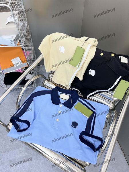 

xinxinbuy men designer tee t shirt 23ss letter embroidery shoulder webbing ribbon short sleeve cotton women black apricot blue s-xl, Black;brown