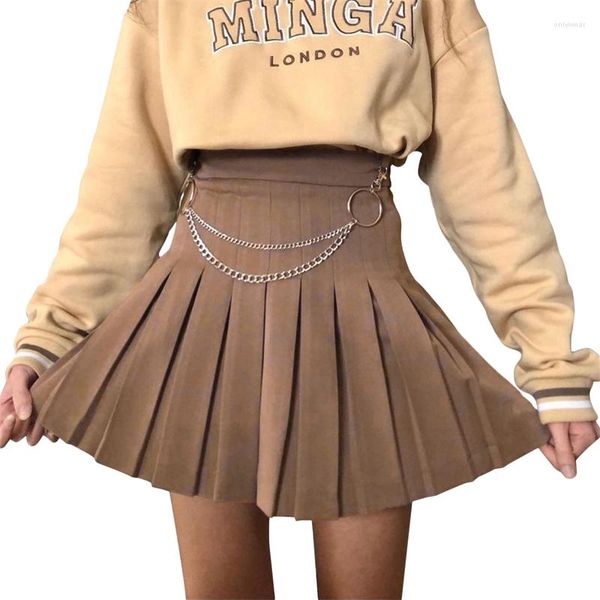 

Skirts Xingqing Spring Autumn Women Vintage High Waist Ladies Solid Color Casual Mini Pleated With Chain, Black
