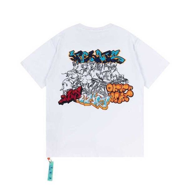 

20% off spring autumn new ow colorful cracked graffiti embroidery round neck men's and women's loose short sleeve t-shirt hair, White;black