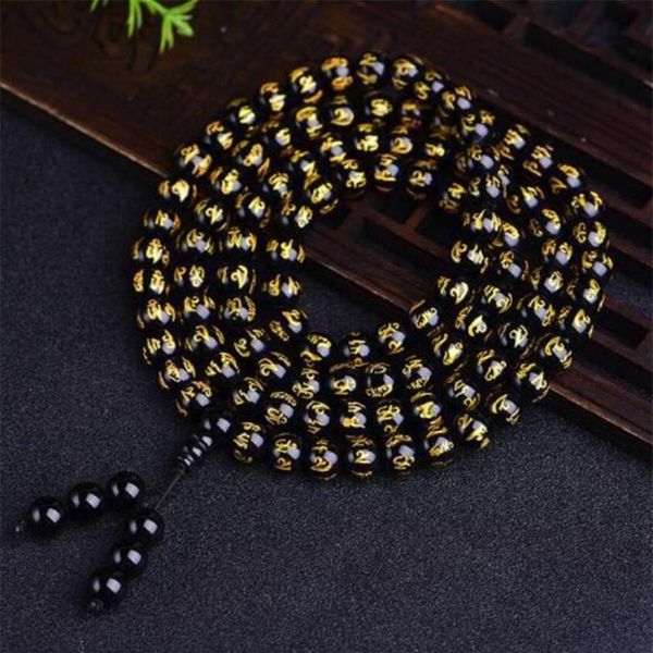 

8mm 108 six words of mantra beads obsidian bracelets party fashion mala hand-made meditation gorgeous jewelry mesmerizing bangle231x, Black