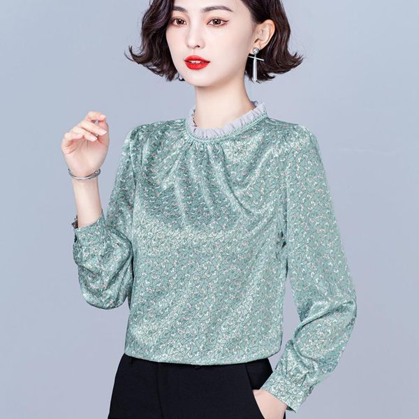 

t-shirt elegant long sleeve women blouses chic ruffles stand collar printed shirt vintage office woman blusas mujer de moda 2022, White