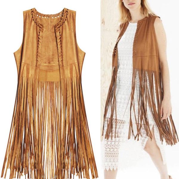 

leather spring summer women's fringed suede faux fur sleeveless vest tassel waistcoat dropshipping, Black