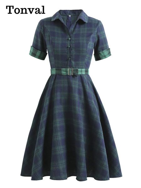 

dresses tonval blue and green plaid vintage women button up shirt dress with belt spring 2022 cotton elegant ladies midi swing dresses, Black;gray