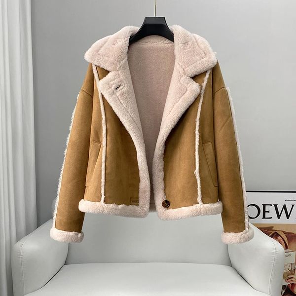 

fur 2022 new style genuine wool jackets lady wool shearling autumn winter vintage coat lamb fur merino sheep thick warm suede coats, Black