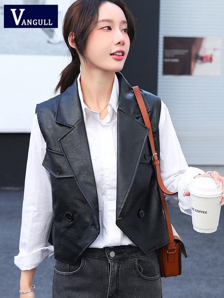 

vests vangull fahion black pu leather vest women double breasted spring short waistcoat female sleeveless turndown collar slim vest, Black;white
