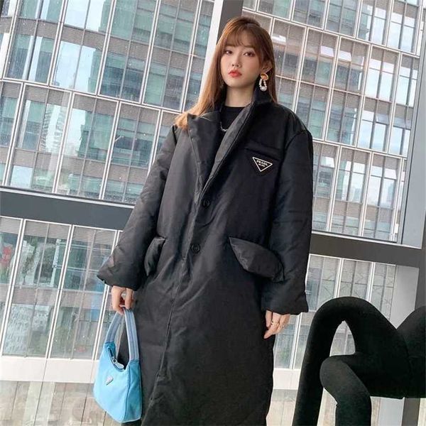 

22% off family autumn/winter new classic triangle long belt men's and women's filled warm cotton coat, Black