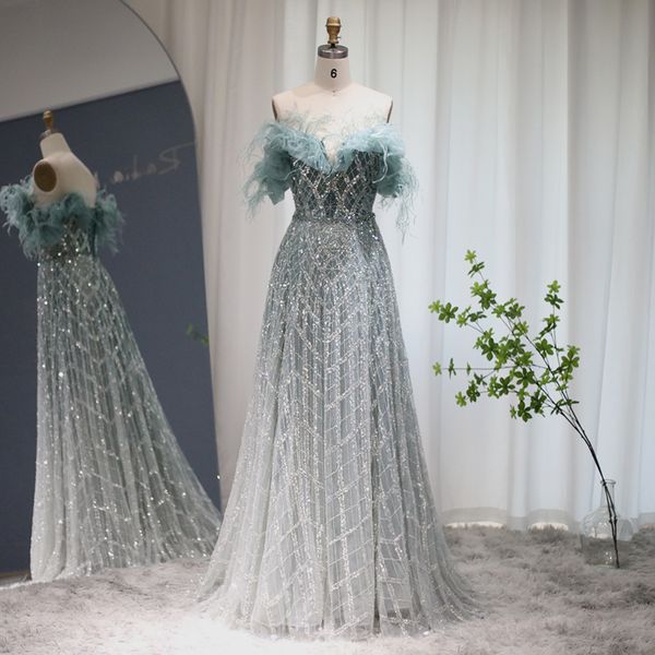 

party dresses sharon said luxury feathers green dubai evening 2023 elegant off shoulder long formal dress for women wedding s303 230422, White;black