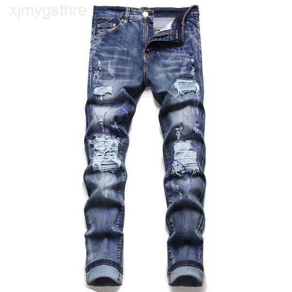 

mens jeans mens designer ammis for with stars embroidery starts printed pencil pants cotton skinny ripped motorcycle pant fashion 17y1cz, Blue