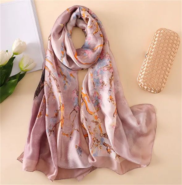 

women's fashionable satin plum blossom long scarf, lightweight scarf with elegant flower pattern, Blue;gray