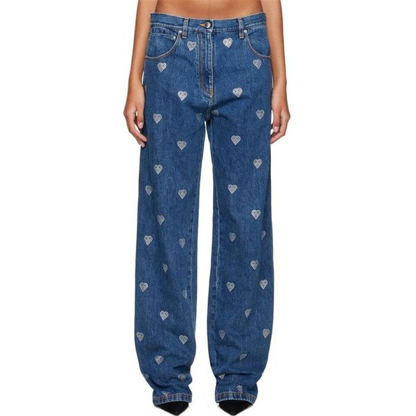 

women's jean's pants 2023 summer heart shaped crystal diamond jeans cotton denim straight leg y 2k vintage traf 230422, Blue