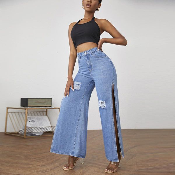 

jeans nsmw mi casual lose loch jeans damen streetwear zerrissene hosen denim hosen weibliche mode hohe split breite bein hosen frauen, Blue