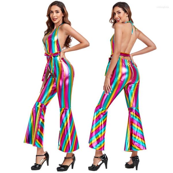 

women's jumpsuits halloween stage performance stripes vintage 70s disco dancing costume retro carnival party 60s rock hippie cosplay, Black;white