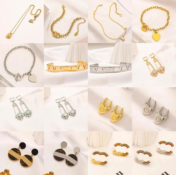 

women brand letter bracelet earrings necklace jewelry sets high end crystal rhinestone stainless steel gilding silver plating pendant earrin, Black