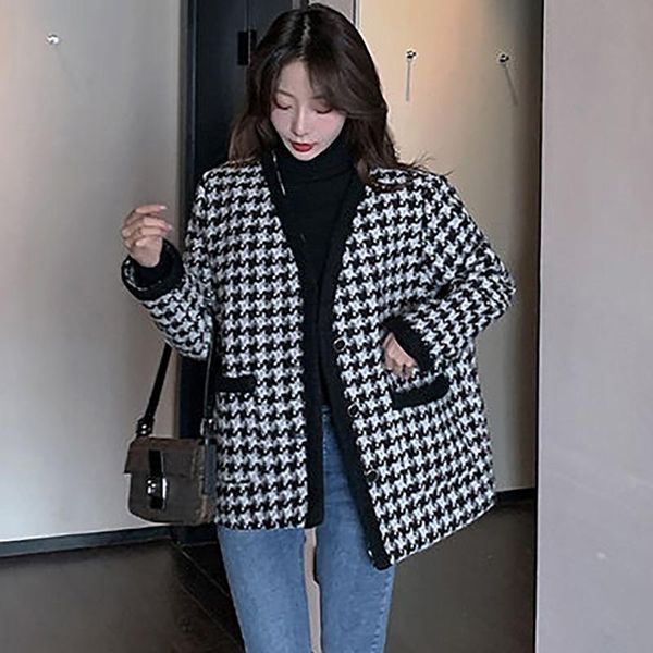 

jackets korean style loose tweed jacket women chic blend wool houndstooth coat ladies spring singlebreasted outwear with pockets, Black;brown