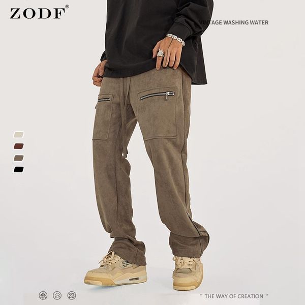 

pants zodf 2022 autumn high street suede nap pants for men zipper pockets loose 360gsm trousers brand streetwears hy0377, Black