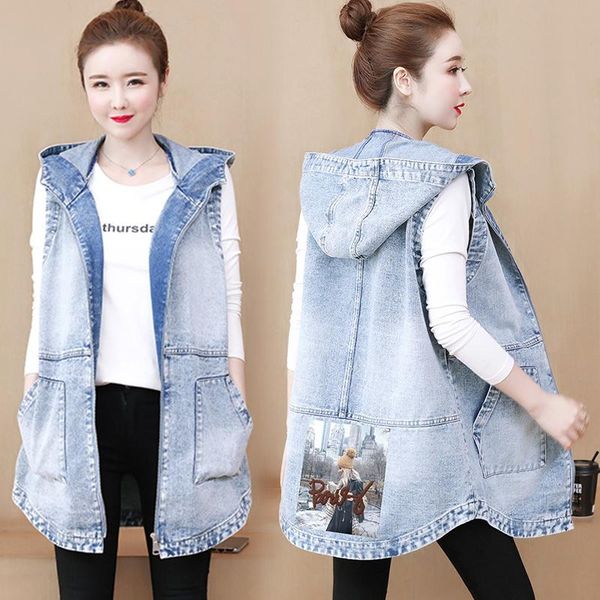 

vests #3132 woman vest waistcoat blue cartoon printed denim vest women slim long vest coat female with hooded casual waistcoat m4xl, Black;white