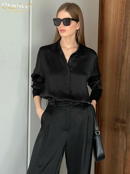 

pants clacive fashion black wide trouser suits casual blouse office two piece set women, White