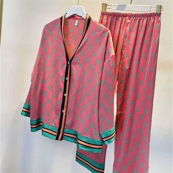 

22% off spring and autumn new v-neck pink gujia ice luxury silk breathable long sleeve pants pajamas home fur