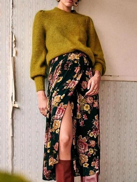 

dresses 2022 new women floral midi skirt lady viscose flowers jupes split pleated vintage long skirts, Black;gray