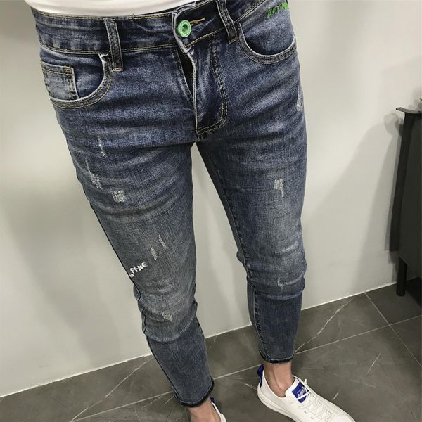 

pants embroidery cat whiskers scratches small feet teenagers slim jeans men summer new thin korean trendy social people pencil pants, Black