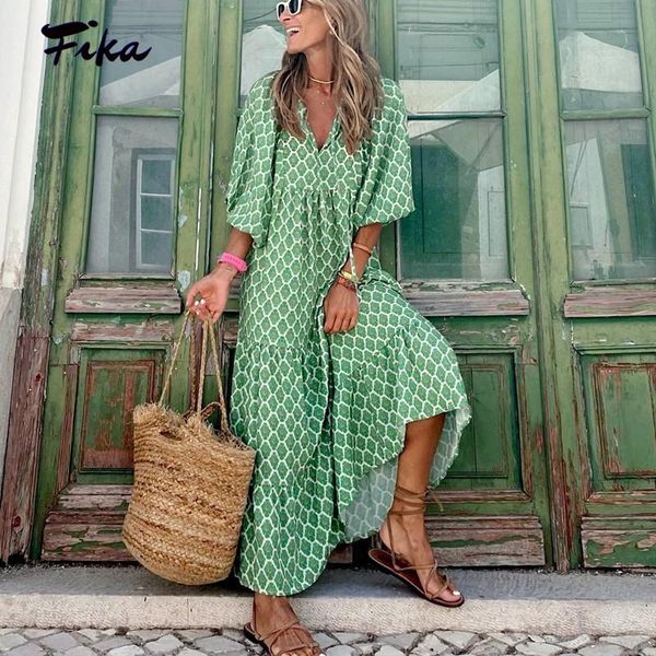 

dresses summer geometric print puff sleeve long dress women elegant vneck loose holiday beach dress maxi anklelength party dress, Black;gray
