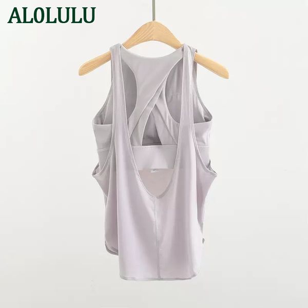 

AL0LULU with Yoga Clothing Vest Women with Chest Pad Two-in-one Shockproof Underwear Fiess Top Loose Beautiful Back Sports Blouse, White