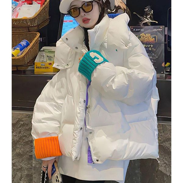 

leather 2022 new down cotton jacket women's winter hooded bread coat streetwear parka chic cotton outwear loose longsleeved female, Black