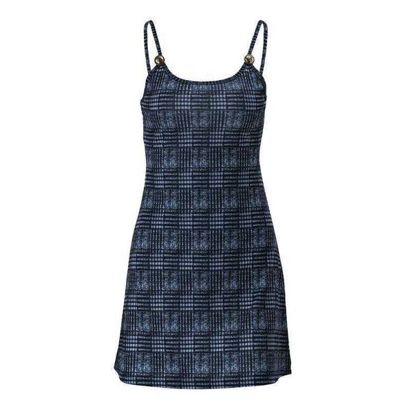 

summer womens dress fashion retro plaid colorblock slim strap, Black;gray