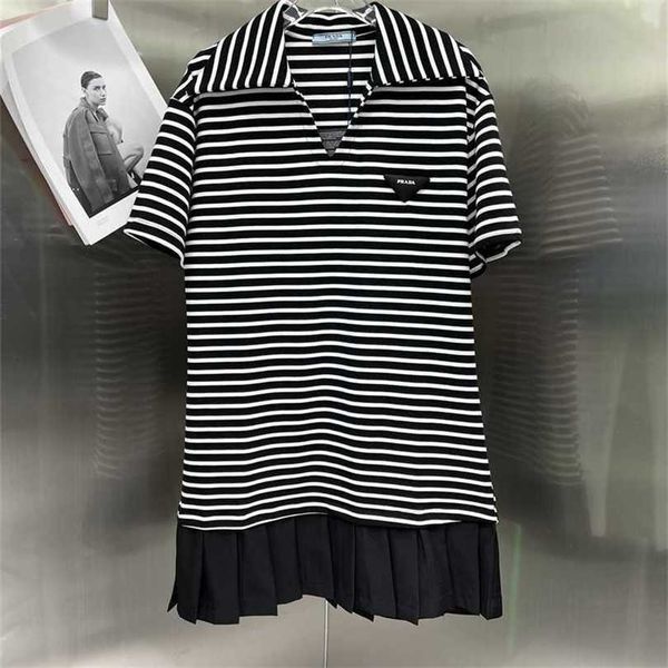 

22% off family spring/summer new triangle label black and white stripe dress with contrasting pleats at the hem for casual look, Black;gray